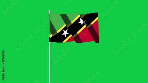 4K SAINT KITTS flag old animation with pole waving on chroma key green screen