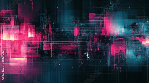 Teal and pink abstract glitch art featuring geometric shapes on a black background, highlighting detailed mathematical and digital effects