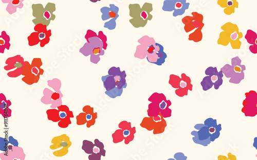 Seamless floral pattern based on traditional folk art ornaments. Colorful flowers on color background. Scandinavian style. Sweden nordic style. Vector illustration. Simple minimalistic pattern