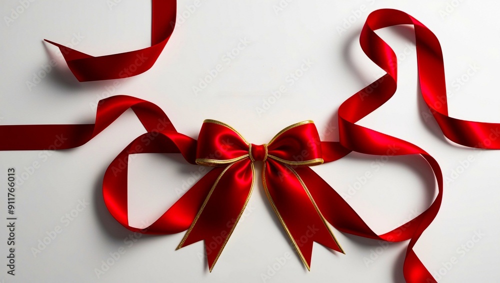 High-Resolution 3D Red Ribbon and Gold Bow on Pristine White Background High-Resolution 3D Red Ribbon and Gold Bow on Pristine White Background