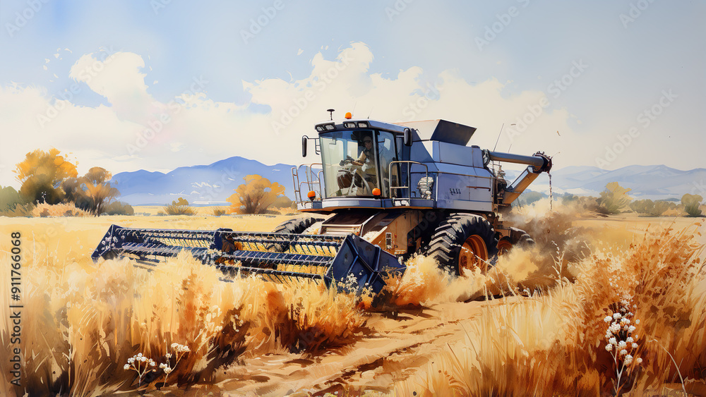 Fototapeta premium Swather - tractor, farming, field, harvest, agriculture, machinery, wheat, countryside, rural, vehicle, farmland, crops, combine harvester, yellow