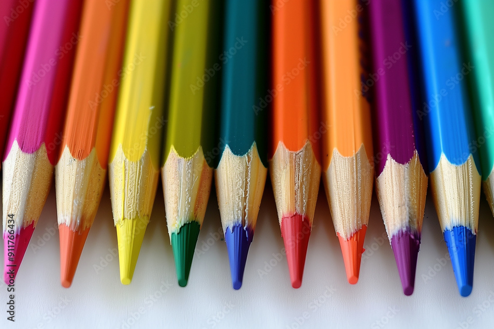 Fototapeta premium Close-up shot of a row of colorful sharpened pencils arranged in a straight line, showcasing vibrant hues and precise tips, perfect for back-to-school themes