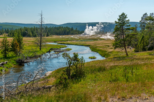 Castle geyser eruption and volcanic activity, Yellowstone national park, Wyoming, USA. 