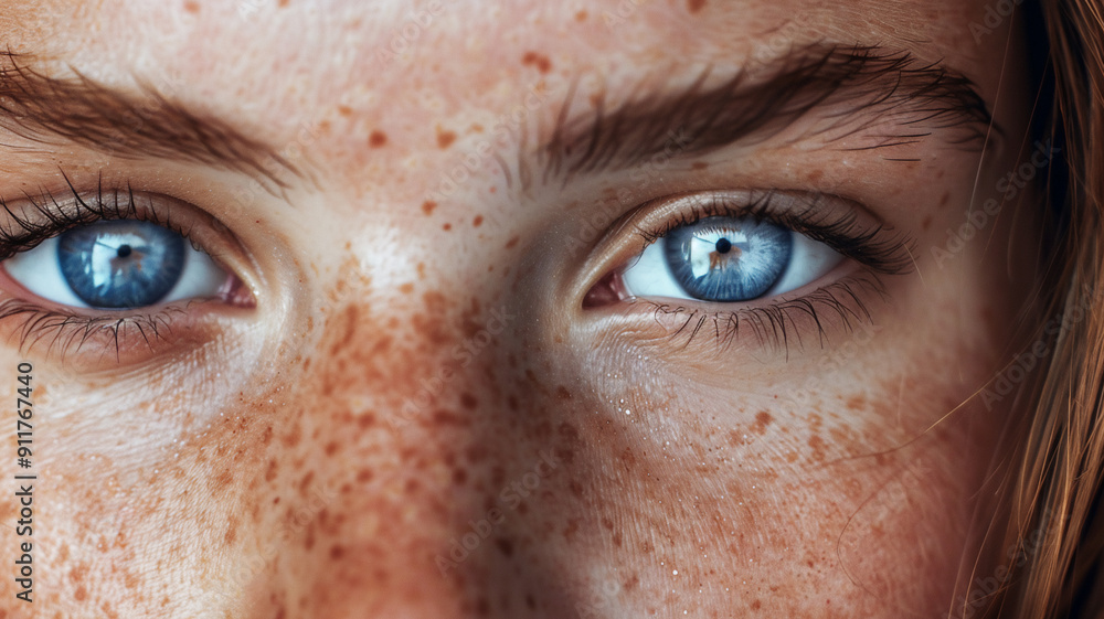 Extreme closeup detail of a seductive looking woman face with many freckles and very smooth skin color, deep blue eyes and straight hair. Extreme closeup detail of a seductive looking woman face with many freckles and very smooth skin color, deep blue eyes and straight hair.