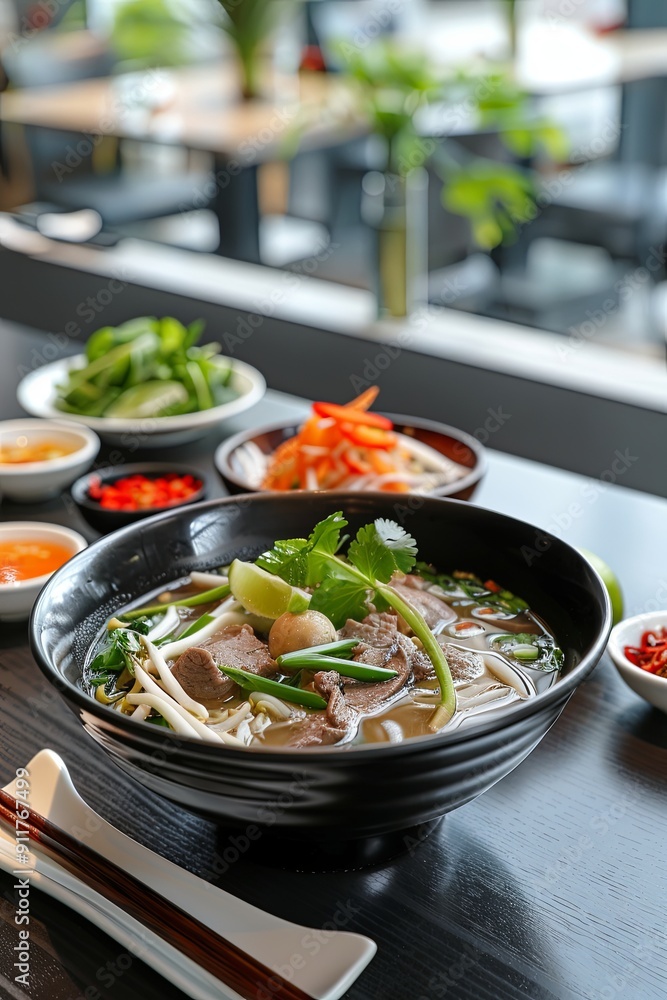 Pho Bo traditional Soup with beef, rice noodles, ginger, lime, chili pepper in bowl. Close up. Vietnamese and Asian cuisine Pho Bo traditional Soup with beef, rice noodles, ginger, lime, chili pepper in bowl. Close up. Vietnamese and Asian cuisine