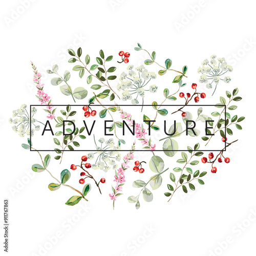 Forest red berries, herbs, pink flowers, green leaves, frame, white background. Print for t shirt, poster, with text. Vector illustration. Summer floral arrangement. Design template