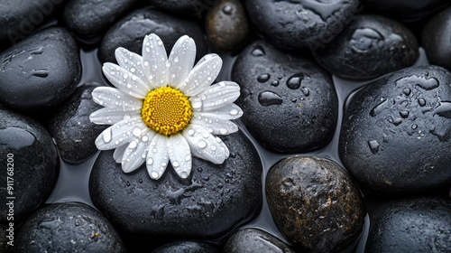 White daisy flower with water droplets resting on smooth black stones. Spa and relaxation concept.