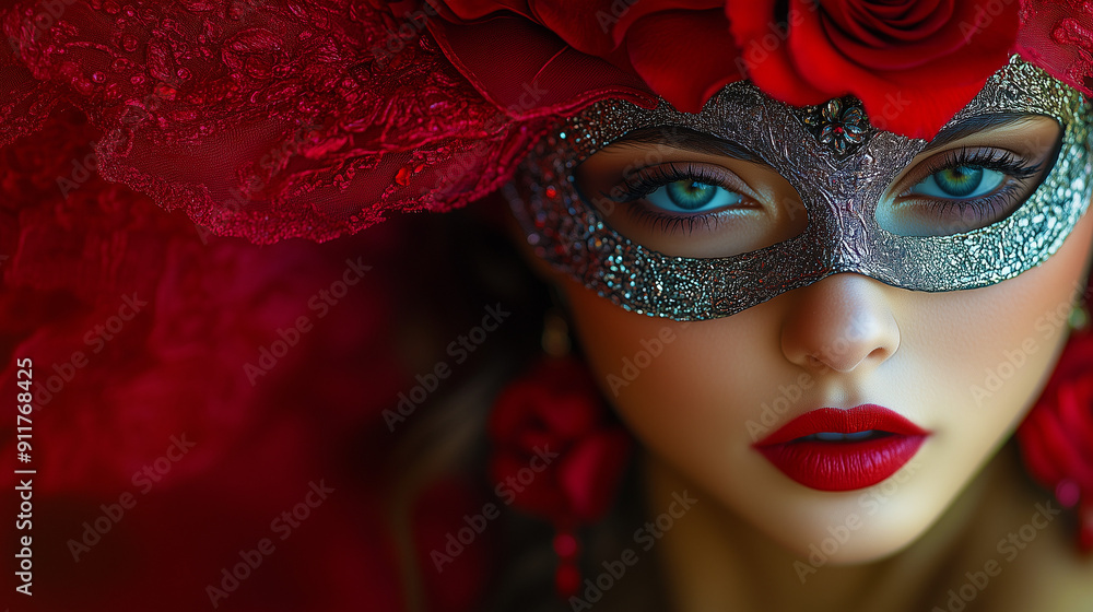 Lors du carnaval de Venise, une femme en costume glamour, avec un masque noir orné de plumes rouges, révèle un visage mystérieux et magnifiquement maquillé. Lors du carnaval de Venise, une femme en costume glamour, avec un masque noir orné de plumes rouges, révèle un visage mystérieux et magnifiquement maquillé.