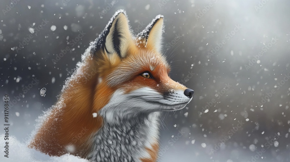 Fototapeta premium A fluffy fox's portrait in the winter season.