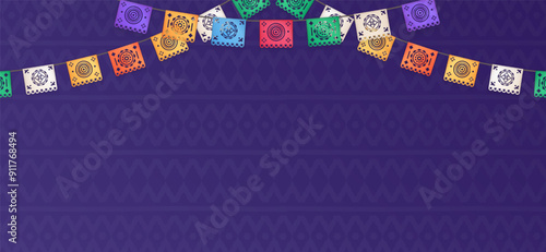 Banner with 3d realistic papel picado, a traditional Mexican decorative craft made of paper cut into intricate designs. Buntings, garlands on purple background with hispanic pattern and copy space