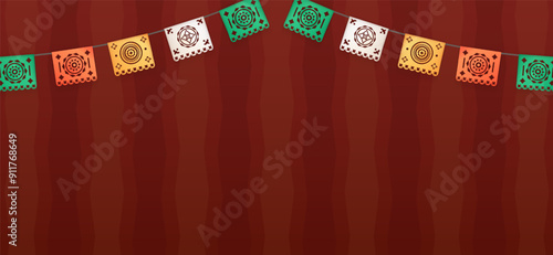 3d realistic colorful papel picado hangs against a brown background with hispanic geometric patterns. Banner with Mexican paper cut flags, buntings, garlands