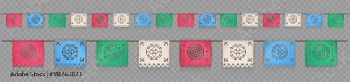 3d realistic colorful papel picado hangs against a transparent background. Mexican paper cut flags, buntings, garlands for Cinco De mayo, Dia de los Muertos, Hispanic Heritage Month
