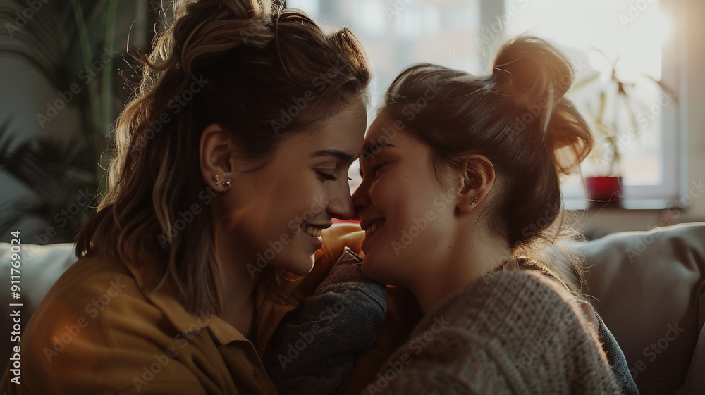 Happy lesbian female white couple in a tender moment at home. Happy lesbian female white couple in a tender moment at home.