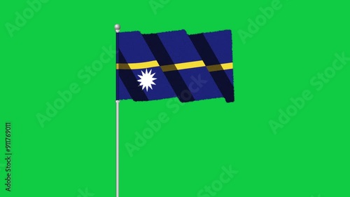 4K NAURU flag old animation with pole waving on chroma key green screen
