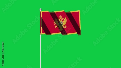 4K MONTENEGRO  flag old animation with pole waving on chroma key green screen