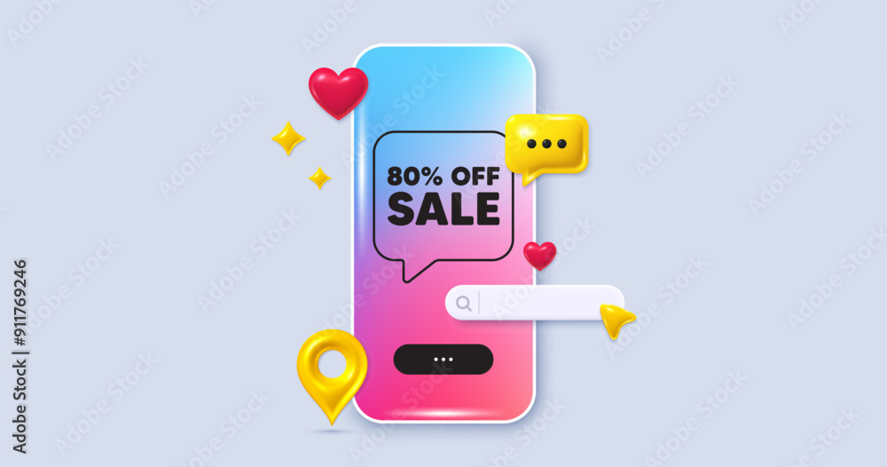 Sale 80 percent off discount. Social media phone app banner. Promotion price offer sign. Retail badge symbol. Social media search bar, like, chat 3d icons. Sale message. Vector Sale 80 percent off discount. Social media phone app banner. Promotion price offer sign. Retail badge symbol. Social media search bar, like, chat 3d icons. Sale message. Vector