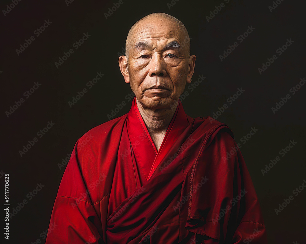 Tranquility in Crimson: A serene portrait of an elderly Buddhist monk, radiating wisdom and serenity. His calm gaze invites contemplation, while the vibrant red robes symbolize spiritual devotion. Tranquility in Crimson: A serene portrait of an elderly Buddhist monk, radiating wisdom and serenity. His calm gaze invites contemplation, while the vibrant red robes symbolize spiritual devotion.