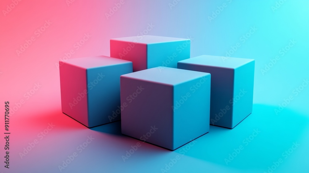 A set of four cubes are arranged in a row on a blue background A set of four cubes are arranged in a row on a blue background