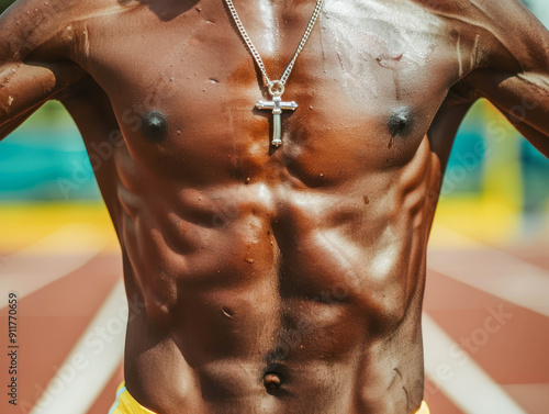 Faith in Every Stride: Close-up of a runner's torso, glistening with sweat, a silver cross pendant reflecting his unwavering belief as he pushes his physical limits on the track.  photo