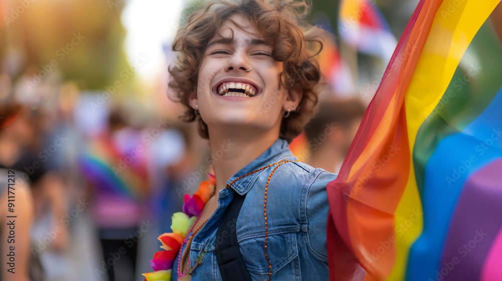 Homosexual boy protesting in a march holding the rainbow flag Homosexual boy protesting in a march holding the rainbow flag