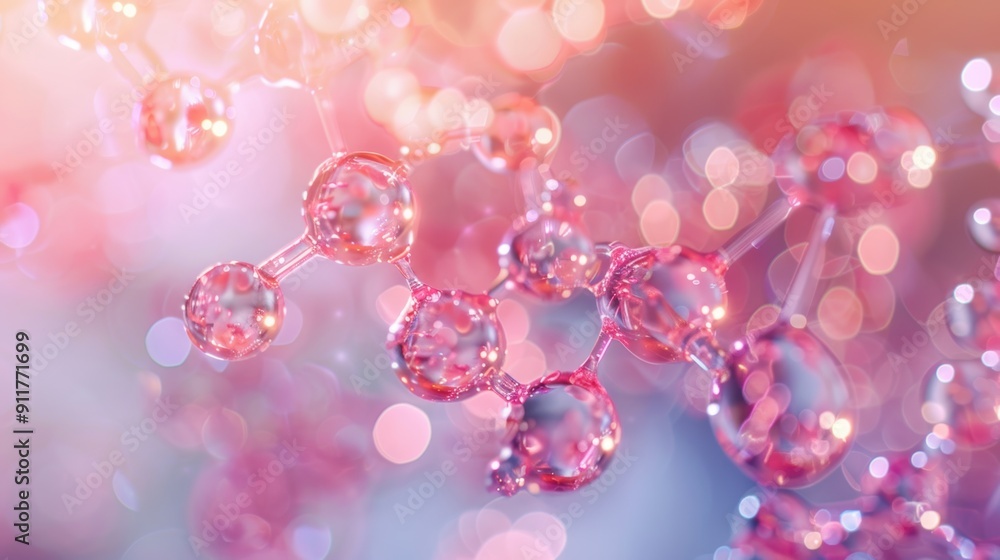 Pink Molecule: A vibrant and abstract image of a molecule composed of glowing pink spheres connected by slender lines, set against a backdrop of soft bokeh lights Pink Molecule: A vibrant and abstract image of a molecule composed of glowing pink spheres connected by slender lines, set against a backdrop of soft bokeh lights