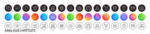 Honeymoon cruise, Love lock and Love tickets line icons. Round icon gradient buttons. Pack of Be true, Lgbt, Inclusion icon. Heart, Heart beat, Atom pictogram. Vector