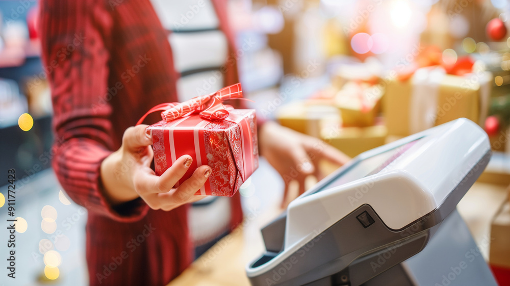 Eine Person hält ein hübsch verpackten Weihnachtsgeschenk hoch, davor steht ein Kartenterminal, Weihnachtsgeschäft im Einzelhandel, Querformat Eine Person hält ein hübsch verpackten Weihnachtsgeschenk hoch, davor steht ein Kartenterminal, Weihnachtsgeschäft im Einzelhandel, Querformat