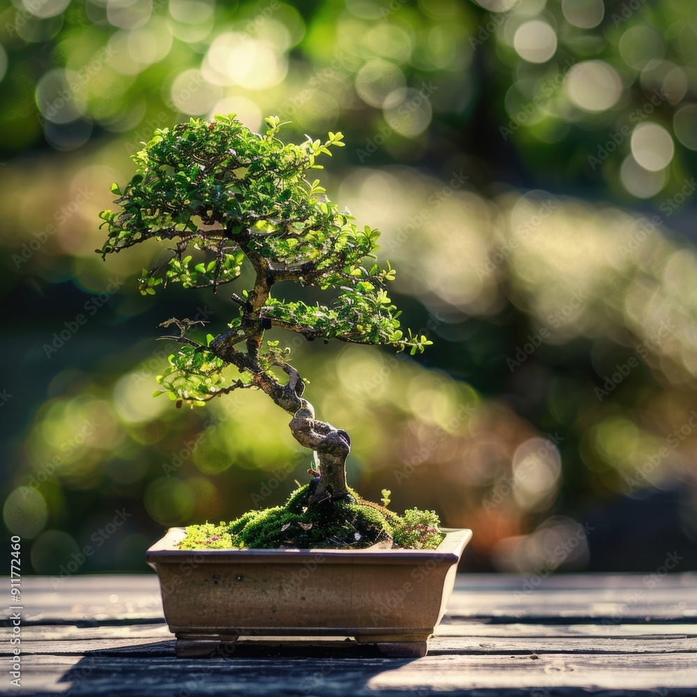 Zen Serenity: Miniature Bonsai Tree in Sun-Kissed Garden Zen Serenity: Miniature Bonsai Tree in Sun-Kissed Garden