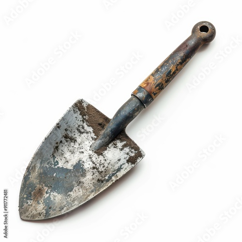 Weathered Hand Trowel: A rustic and weathered hand trowel, its metal blade and wooden handle bearing the marks of time and use, rests on a stark white backdrop