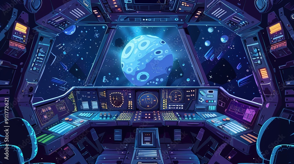 Fototapeta premium Сartoon background rocket inside. Spaceship cockpit interior with space. Background for cartoon and games. Rocket cockpit with control panel. illustration 