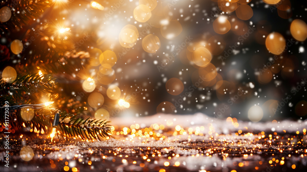 Naklejka premium Eine winterliche Straße mit geschmückten Tannenzweigen am linken Bildrand, LED-Lichter funkeln, weihnachtliche Szene bei Sonnenaufgang, Querformat