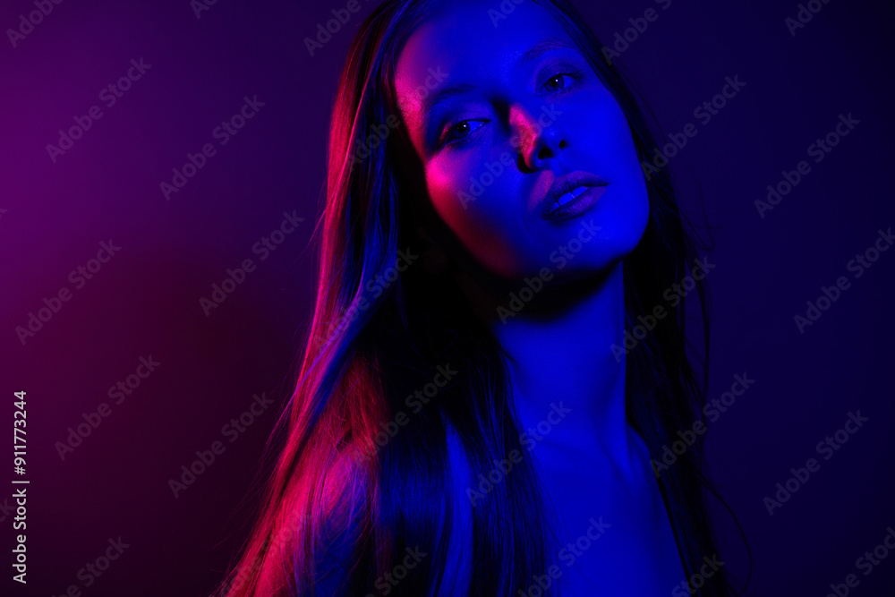 Photo of stunning girl look feel passion tempting isolated neon colorful background Photo of stunning girl look feel passion tempting isolated neon colorful background