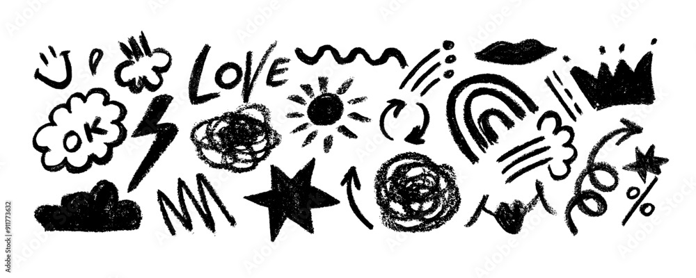 Naklejka premium Collection of hand drawn charcoal doodle shapes and squiggles in childish girly style. Pencil drawings isolated on white. Crown, stars, speech bubble, heart and rainbow doodle collage elements.