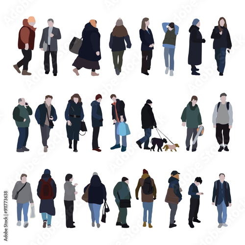 A large set of silhouettes of people. 2D image for use as an entourage. Vector flat city infographics.