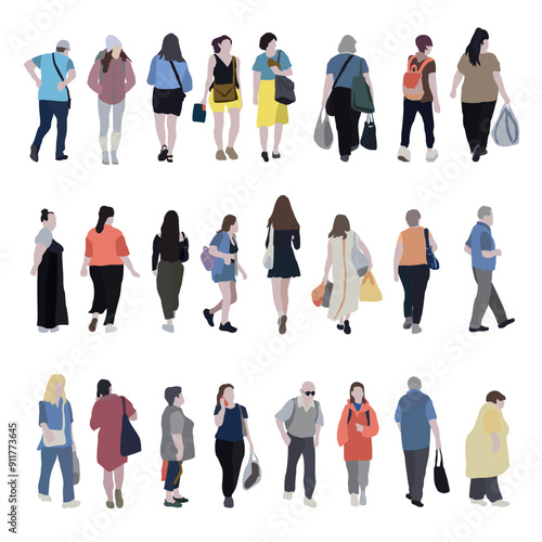 A large set of silhouettes of people. 2D image for use as an entourage. Vector flat city infographics.