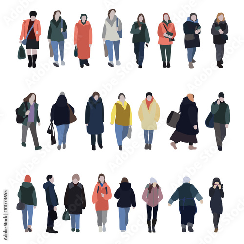 A large set of silhouettes of people. 2D image for use as an entourage. Vector flat city infographics.