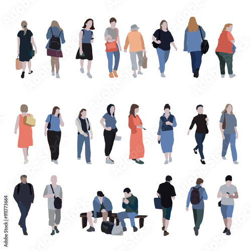 A large set of silhouettes of people. 2D image for use as an entourage. Vector flat city infographics.