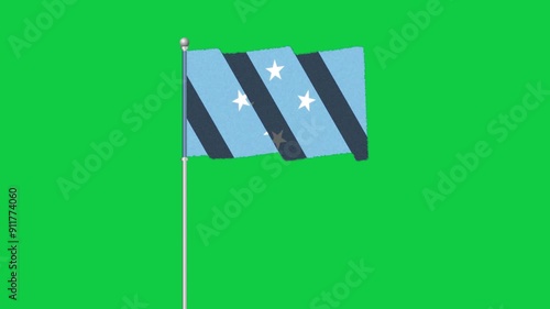 4K MICRONESIA flag old animation with pole waving on chroma key green screen