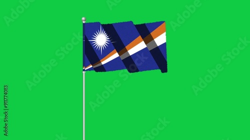 4K MARSHALL ISLANDS flag old animation with pole waving on chroma key green screen