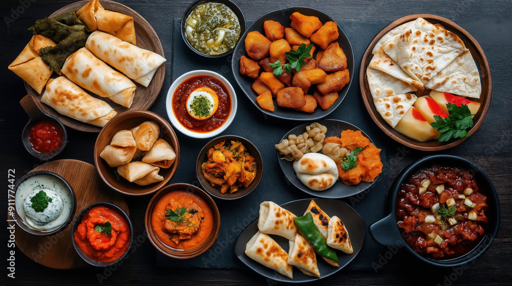 Traditional various food items including rolled flatbreads, stews, a variety of sauces, dumplings, and garnished vegetables. The dishes are vibrantly colored. Traditional various food items including rolled flatbreads, stews, a variety of sauces, dumplings, and garnished vegetables. The dishes are vibrantly colored.