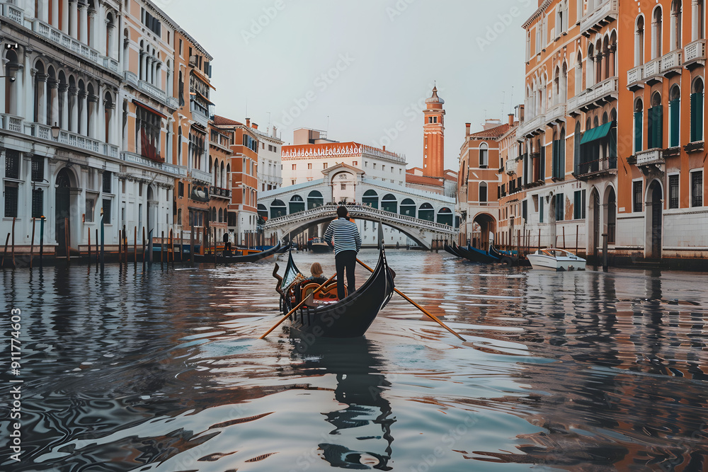 Traditional gondola ride in Venice with tourists navigating the Grand ...