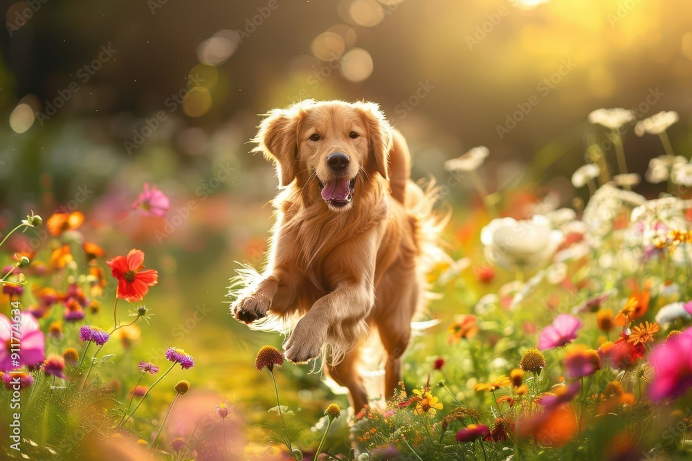 joyful golden retriever midleap in a vibrant flower meadow sunlight dappling through its fur tail wagging with pure happiness joyful golden retriever midleap in a vibrant flower meadow sunlight dappling through its fur tail wagging with pure happiness
