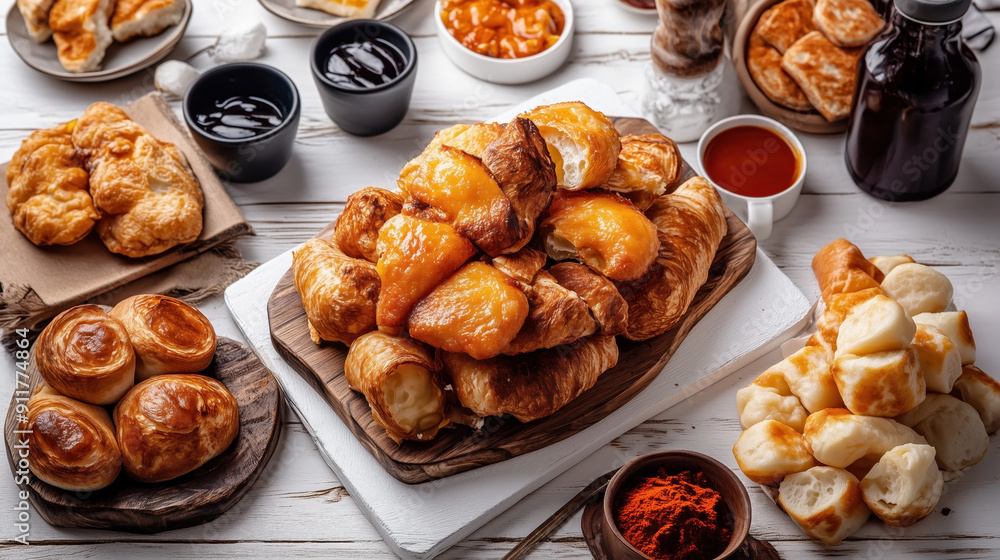 Traditional US food biscuit assortment with various biscuits, jams, and spices. Includes croissant-style, cake-like, and round biscuits on rustic wooden boards and bowls. Traditional US food biscuit assortment with various biscuits, jams, and spices. Includes croissant-style, cake-like, and round biscuits on rustic wooden boards and bowls.