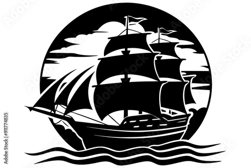  Pirate Ship Silhouette Sunset T-Shirt Design