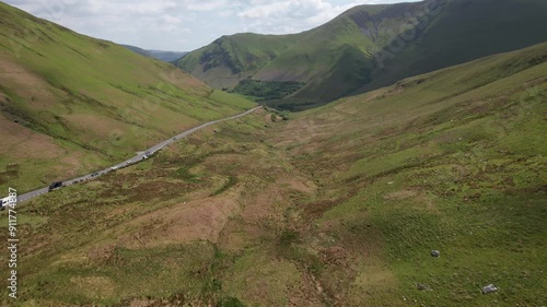 Aerial video over green fields in Mawddwy UK photo