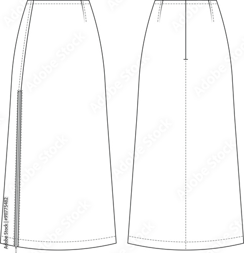 zippered darted long maxi midi a line denim jean skirt template technical drawing flat sketch cad mockup fashion woman design style model
