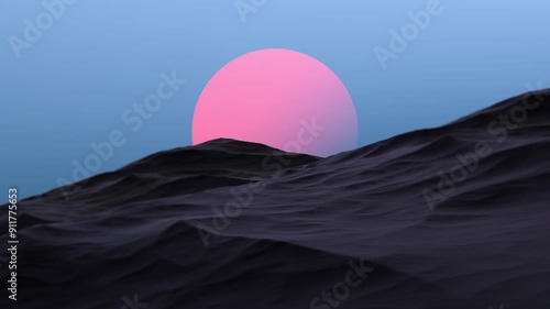 Red-pink planet on the horizon of a mountainous, rocky area at night. Sci-Fi landscape, sci-fi landscape planet at dusk,animation.3D render
