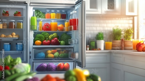 Front view of an open two-door refrigerator or refrigerator door that is brimming with fresh produce, juice, and other nutritious food items. Major electric appliances for the home and kitchen