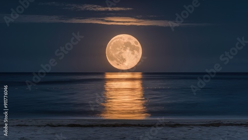 A full moon rising over the ocean with a beach in view, AI