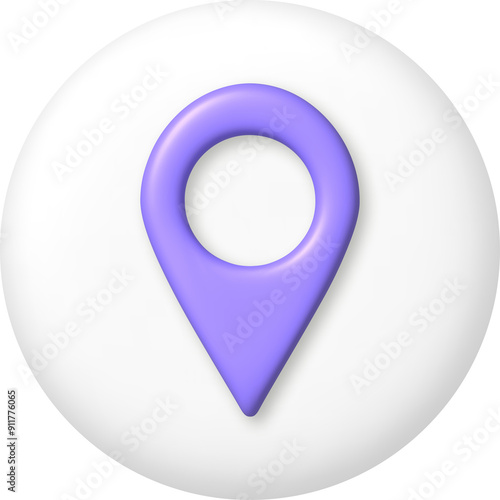 3d icon. Purple map geo pin icon, web location pointer on white button. PNG illustration.
